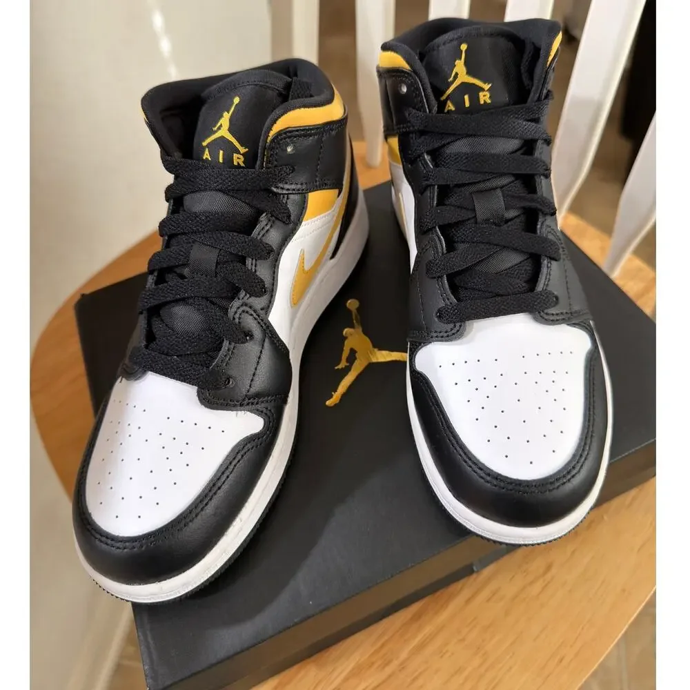 NEW Air Jordan 1 Mid-Top Sneaker White/Pollen-Black Size 4.5Y